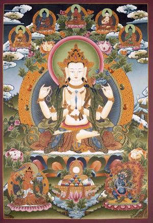 Avalokiteshvara Chengrezig Flanked By Manjushree ,Mahakala & 5 Dhyani buddhas